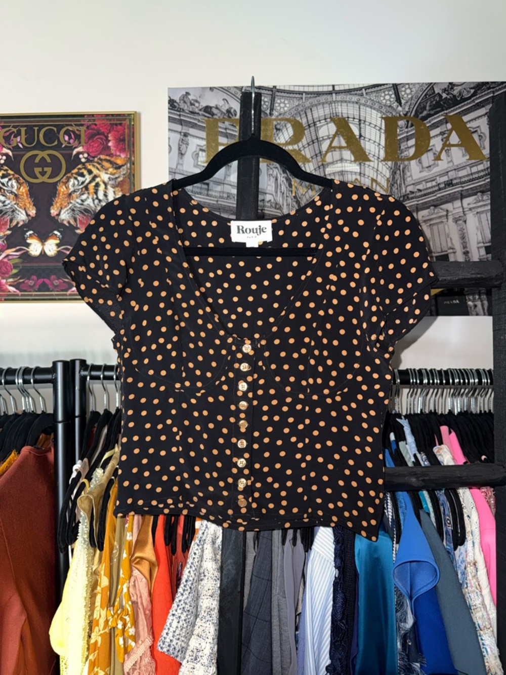 Rouje Ambroise Top Black Tan Polka Dot V Neck Button Front Blouse FR 36 US 4 EUC - Picture 3 of 7